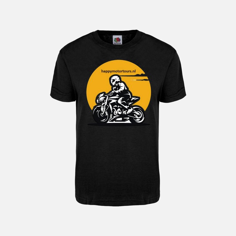 Bestel je unieke HMT T shirt Zwart T-shirt met een motorrijder voor een gele zon.